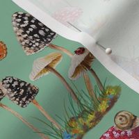 Mushroom Garden with Insects on Green
