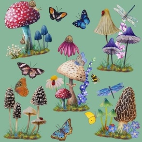 Mushroom Garden with Insects on Green