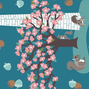 Washington DC in the Spring- Turquoise Tea Towel with Cherry Blossoms and Squirrels Right