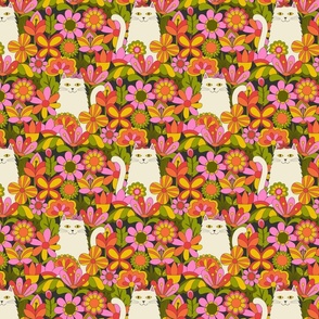 Flower Power Cats of the 1970s white cats in a garden of pink, red, yellow, orange flowers SMALL SCALE