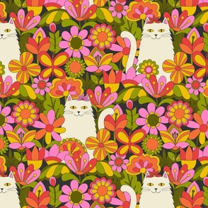 Flower Power Cats of the 1970s white cats in a garden of pink, red, yellow, orange flowers MEDIUM SCALE