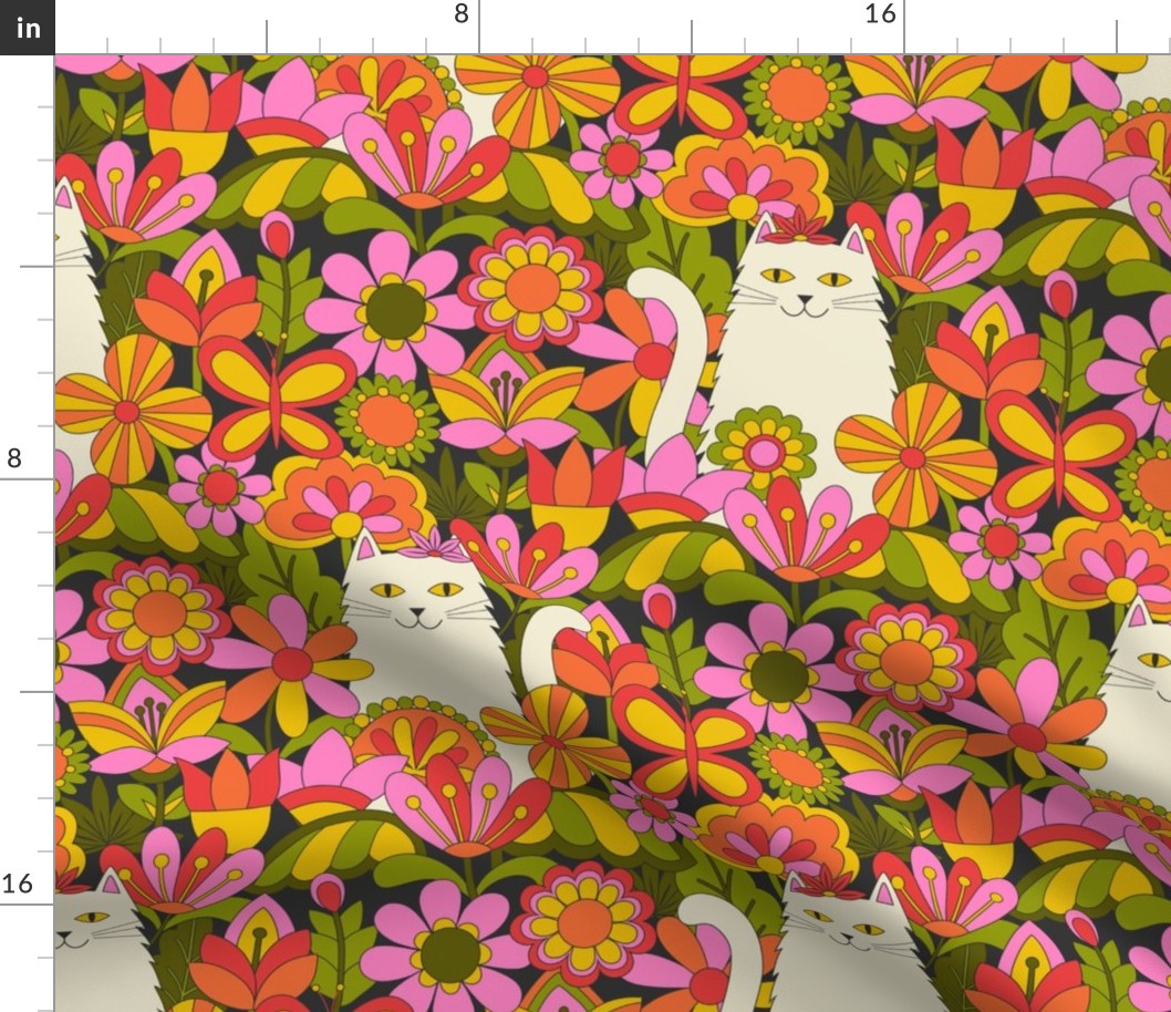 Flower Power Cats of the 1970s white cats in a garden of pink, red, yellow, orange flowers MEDIUM SCALE