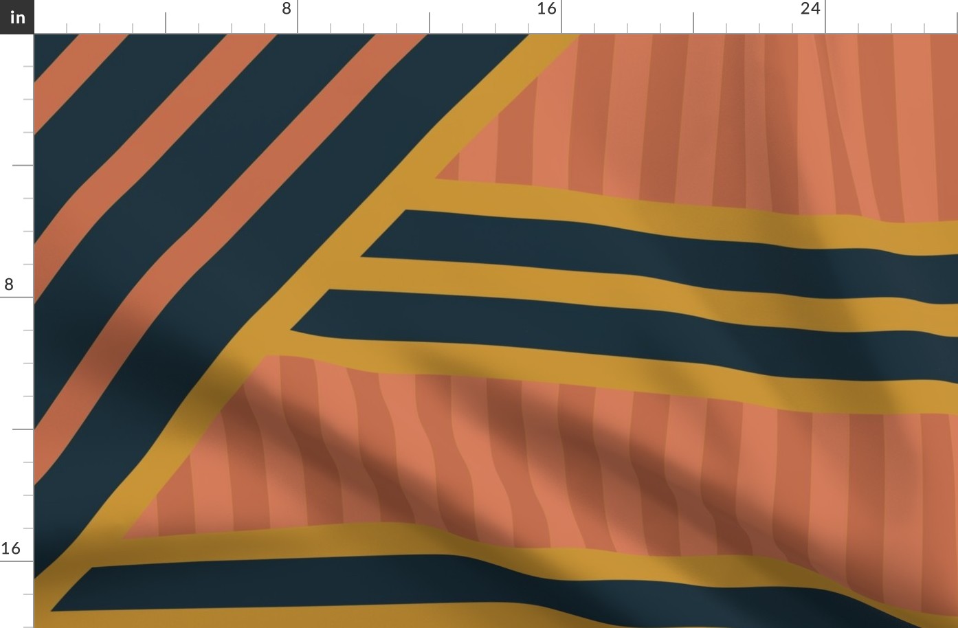 Art Deco Stripes & Curves Whole Cloth Quilt Top - Bold Geometric Cheater Quilt Top Throw Blanket in Navy Blue and Peach