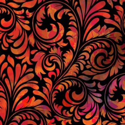 Shimmering Tie-Dye Flourish Brocade in Red and Violet on Black
