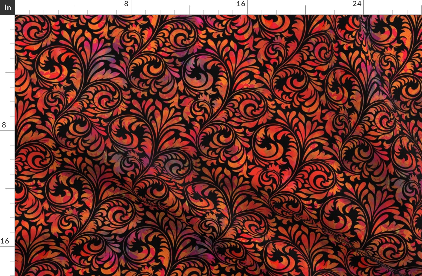 Shimmering Tie-Dye Flourish Brocade in Red and Violet on Black