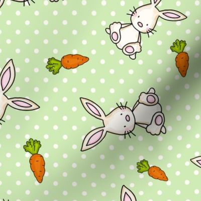 Large Scale Easter Bunnies and Carrots on Spring Green Polkadots