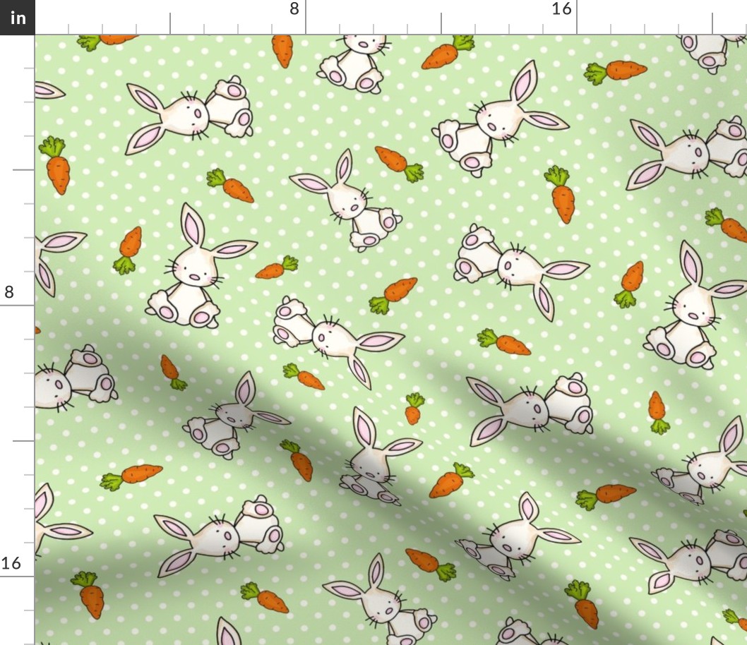 Large Scale Easter Bunnies and Carrots on Spring Green Polkadots
