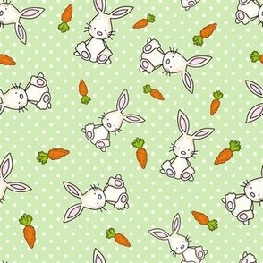 Medium Scale Easter Bunnies and Carrots on Spring Green Polkadots