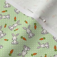 Small Scale Easter Bunnies and Carrots on Spring Green Polkadots