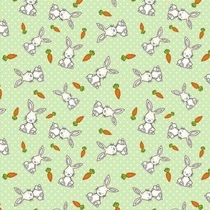Small Scale Easter Bunnies and Carrots on Spring Green Polkadots