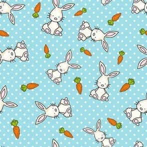 Medium Scale Easter Bunnies and Carrots on Blue Polkadots