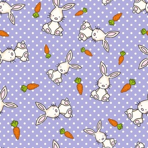 Large Scale Easter Bunnies and Carrots on Lavender Polkadots