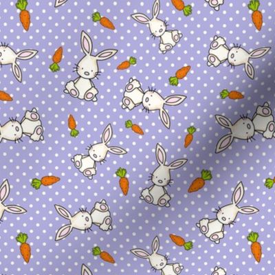 Medium Scale Easter Bunnies and Carrots on Lavender Polkadots