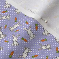 Small Scale Easter Bunnies and Carrots on Lavender Polkadots