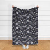 Apricity, Anemones with Blossoms, Robins, Berries, Dusty Miller, and Snowflakes ~ Vintage, Cottagecore ~ Navy Blue ~ Medium