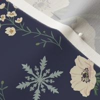Apricity, Anemones with Blossoms, Robins, Berries, Dusty Miller, and Snowflakes ~ Vintage, Cottagecore ~ Navy Blue ~ Medium