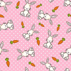 Large Scale Easter Bunnies and Carrots on Pink Polkadots