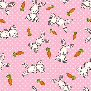 Medium Scale Easter Bunnies and Carrots on Pink Polkadots