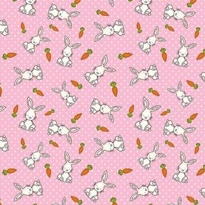 Small Scale Easter Bunnies and Carrots on Pink Polkadots