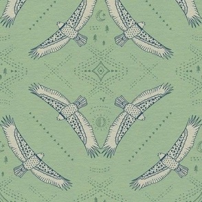 Eagle Hawk Bird of prey Bohemian geometric Sage Green Wallpaper
