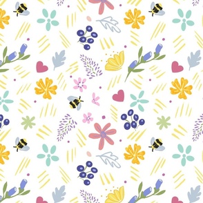 PLAYFUL SPRING PINK, BLUE, YELLOW, LAVENDER FLOWERS, BEES, AND HEARTS   