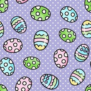 Medium Scale Colorful Easter Eggs on Lavender Polkadots