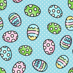 Large Scale Colorful Easter Eggs on Blue Polkadots