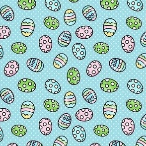 Small Scale Colorful Easter Eggs on Blue Polkadots
