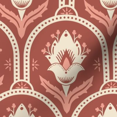Spring Garden ethnic scallop arches with traditional flower, chinoiserie, grand millennial - cream and peach on dark coral - large