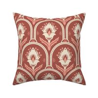 Spring Garden ethnic scallop arches with traditional flower, chinoiserie, grand millennial - cream and peach on dark coral - large