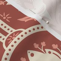 Spring Garden ethnic scallop arches with traditional flower, chinoiserie, grand millennial - cream and peach on dark coral - large