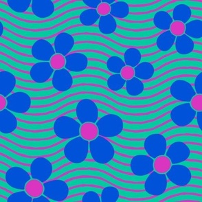 Fun Vibrant Blue Flowers on Teal Wavy Background (Medium Scale)