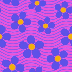 Fun Vibrant Purple Flowers on Pink Wavy Background (Medium Scale)