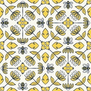 Mini Stop and Smell the Daisies | Flowers and Bees | Navy and Gold | Cottagecore Wallpaper