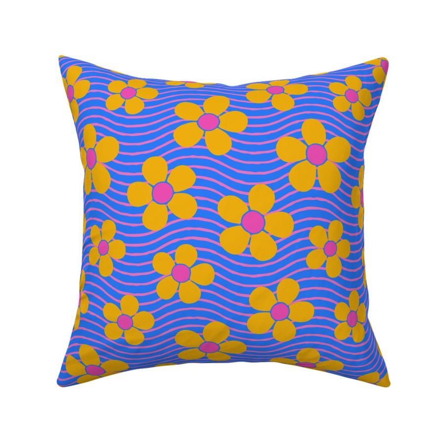 Fun Bold Yellow Flowers on Blue Wavy Background (Medium Scale)