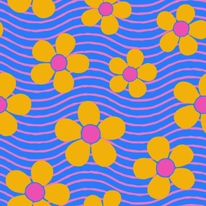 Fun Bold Yellow Flowers on Blue Wavy Background (Medium Scale)