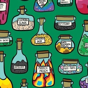 Goblincore Potion Bottles with Funny Ingredients on Green (Medium)