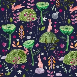 Watercolor Painted Whimsical rabbits nature navy blue Gender neutral BIG Wallpaper