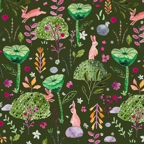 Watercolor Painted Whimsical rabbits nature moss green Gender neutral BIG Wallpaper