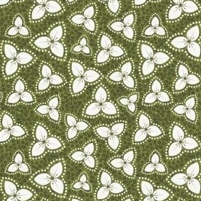 White Trillium Glow Floral with Polka Dot Floral Outline Mixed with Dark Green Daisies on a Dark Olive Textured Background in 4” Repeats