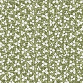 White Trillium Moss Floral Scattered with Tiny White Daisies on a Textured Olive Background in 2.33” Repeats