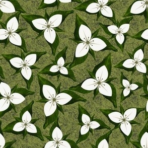 White Trilliums and Dark Green Leaves Scattered on Dark Olive Green Textured Background with 8” Repeat