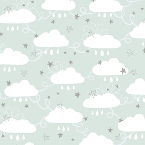 Sweet Dreams clouds and stars mint green white grey Large Scale by Jac Slade