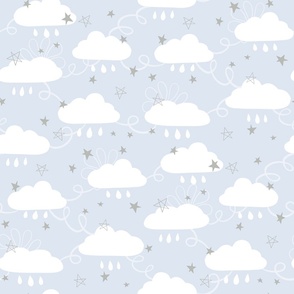 Sweet Dreams clouds and stars baby blue white grey Large Scale by Jac Slade