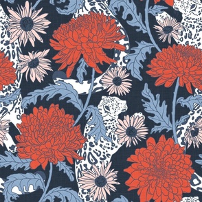 Torii Red Chrysanthemums with Leaping Snow Leopards on navy blue