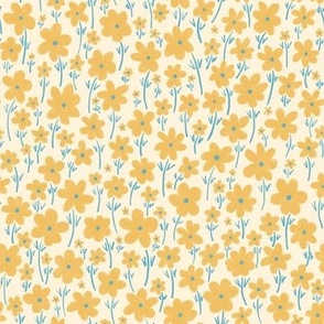 261 -Small scale loose watercolor floral meadow, organic textures, for kids apparel, dresses, nursery decor, kitchen linen in buttercup yellow and turquoise