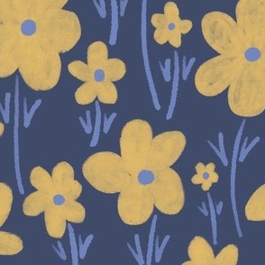 261 - $ Large scale loose watercolor floral meadow, organic textures, for kids apparel, dresses, nursery decor, kitchen linen in muted dusty  yellow, blue and navy.