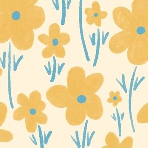 261 - Large scale loose watercolor floral meadow, organic textures, for kids apparel, dresses, nursery decor, kitchen linen in buttercup yellow and turquoise