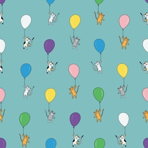 Flying cats with balloons, turquoise