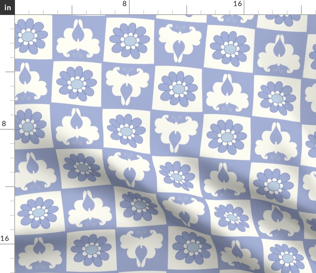 Butterfly retro floral checkerboard cornflower blue large scale by Jac Slade